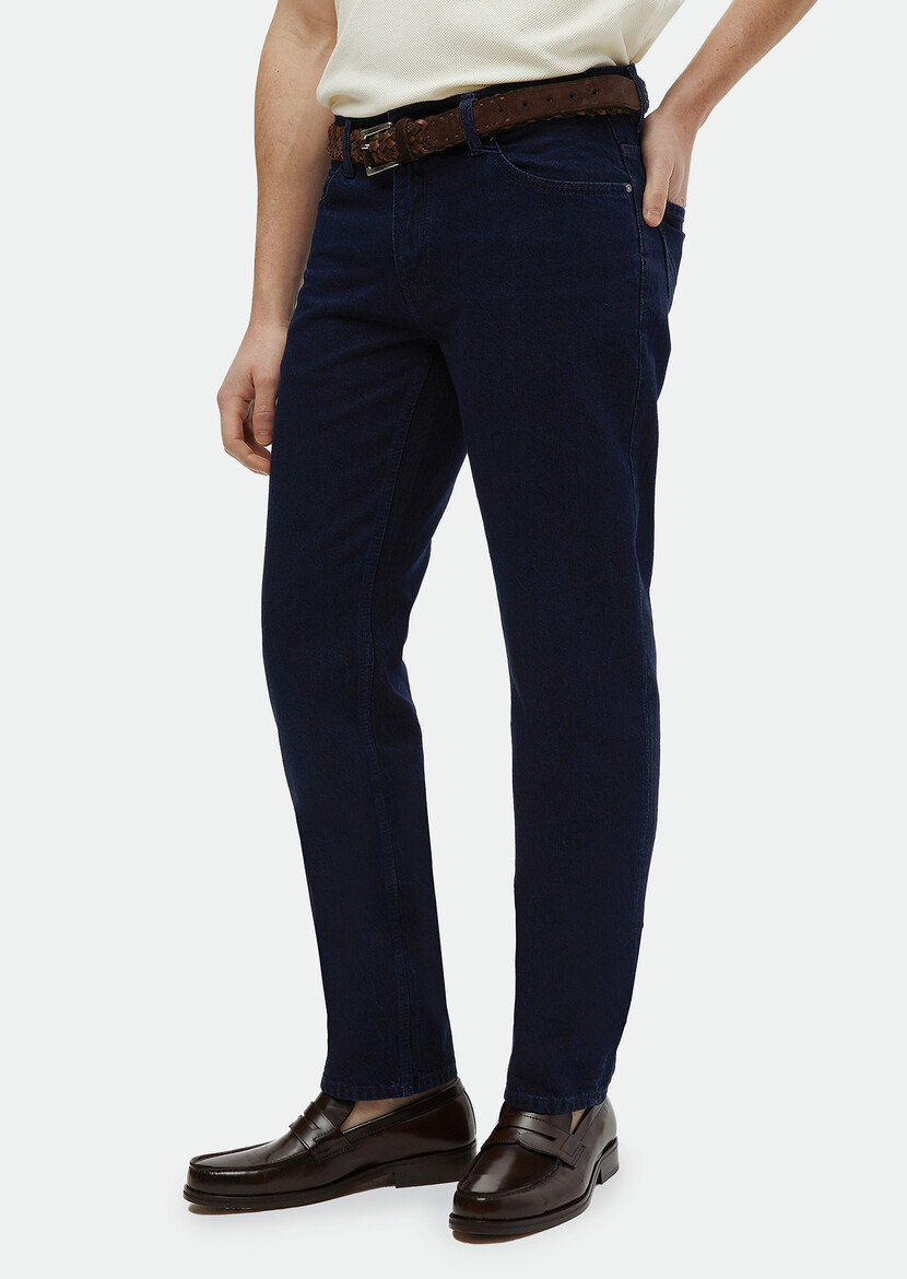 Navy Blue Regular Fit Denim Cotton Blended Trousers - 3