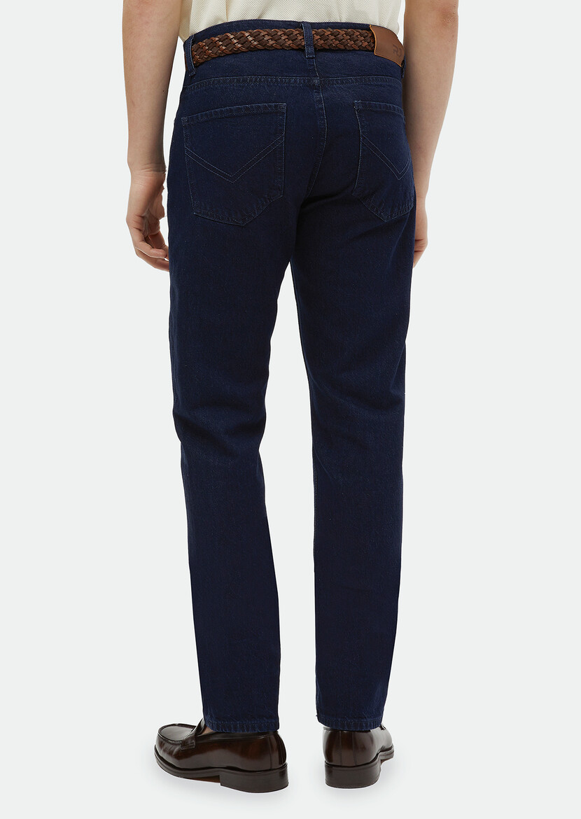 Navy Blue Regular Fit Denim Cotton Blended Trousers - 5