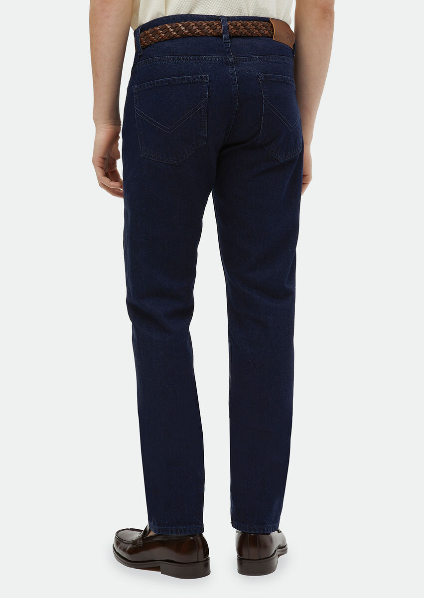 Navy Blue Regular Fit Denim Cotton Blended Trousers - 5