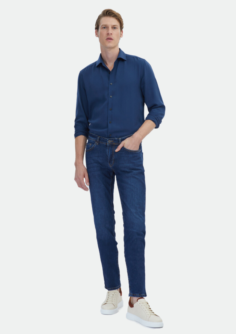 Navy Blue Regular Fit Denim Cotton Blended Trousers - 1