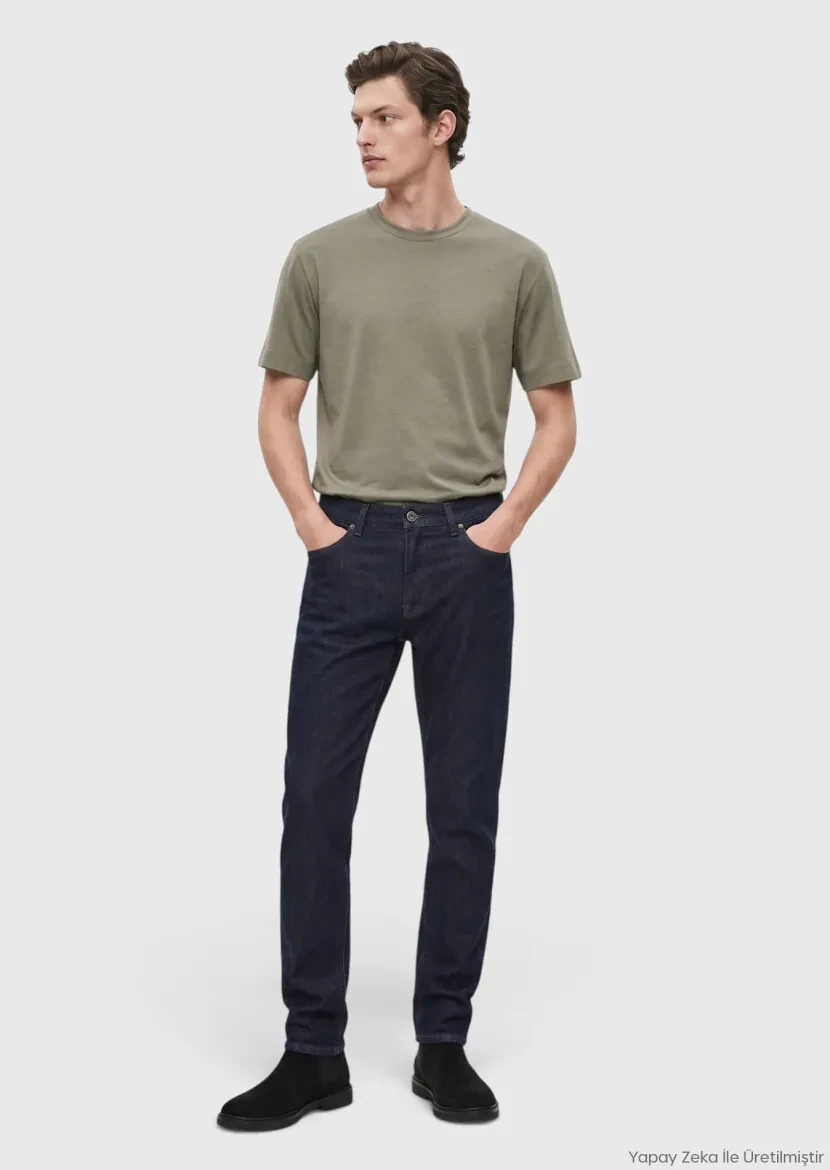 Navy Blue Regular Fit Denim Cotton Blended Trousers - RAMSEY