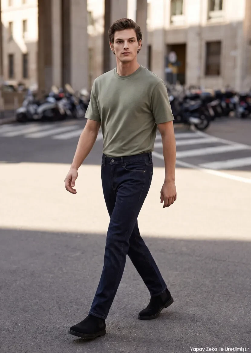 Navy Blue Regular Fit Denim Cotton Blended Trousers - RAMSEY