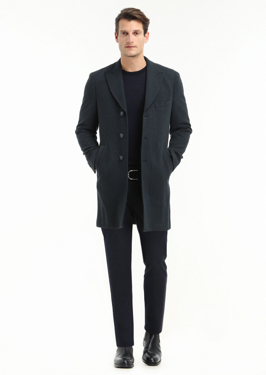 Navy Blue Regular Fit Double Breasted Collar Casual Knitting Overcoat - 1