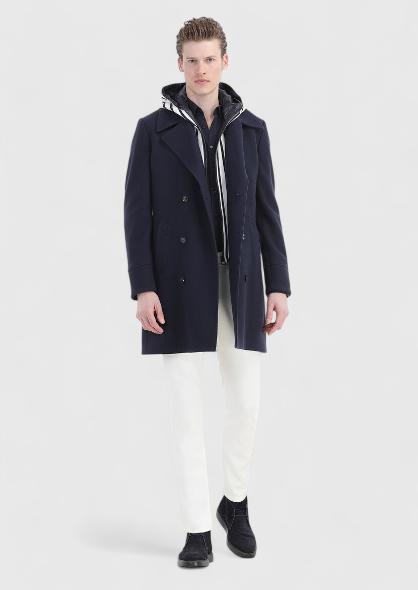 Navy Blue Regular Fit Double Breasted Collar Casual Knitting Overcoat - 1
