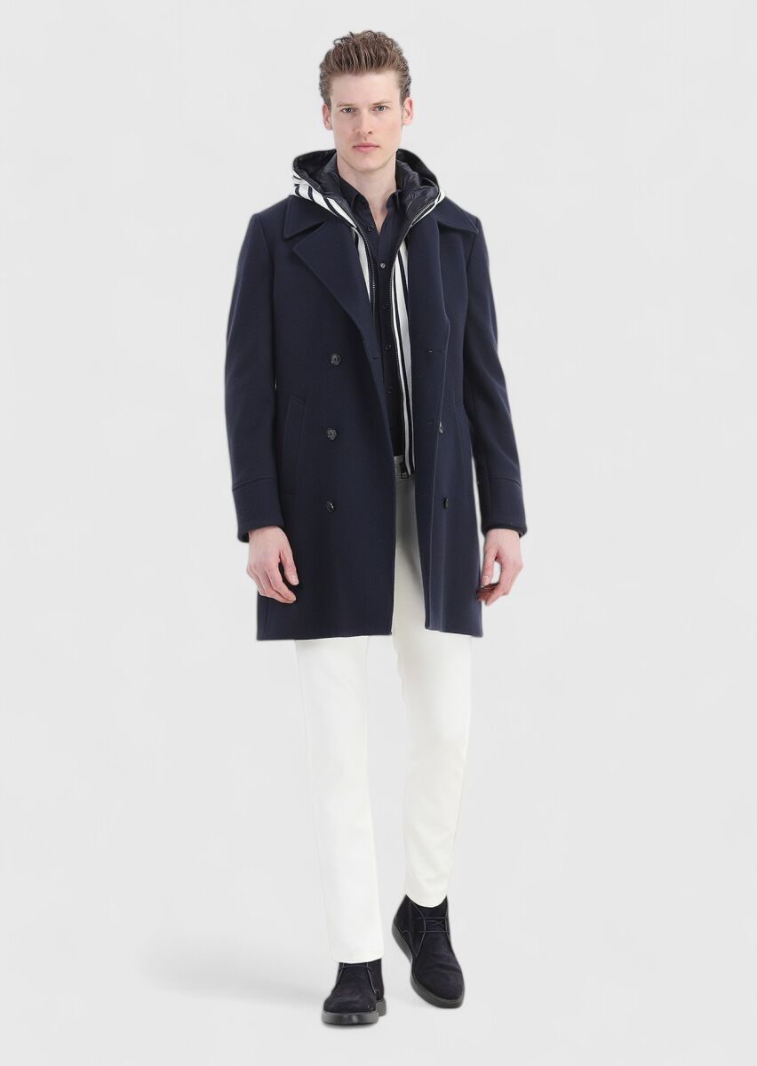 Navy Blue Regular Fit Double Breasted Collar Casual Knitting Overcoat - 1