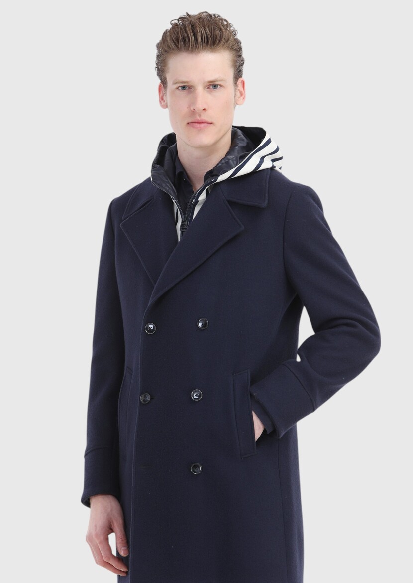 Navy Blue Regular Fit Double Breasted Collar Casual Knitting Overcoat - 2