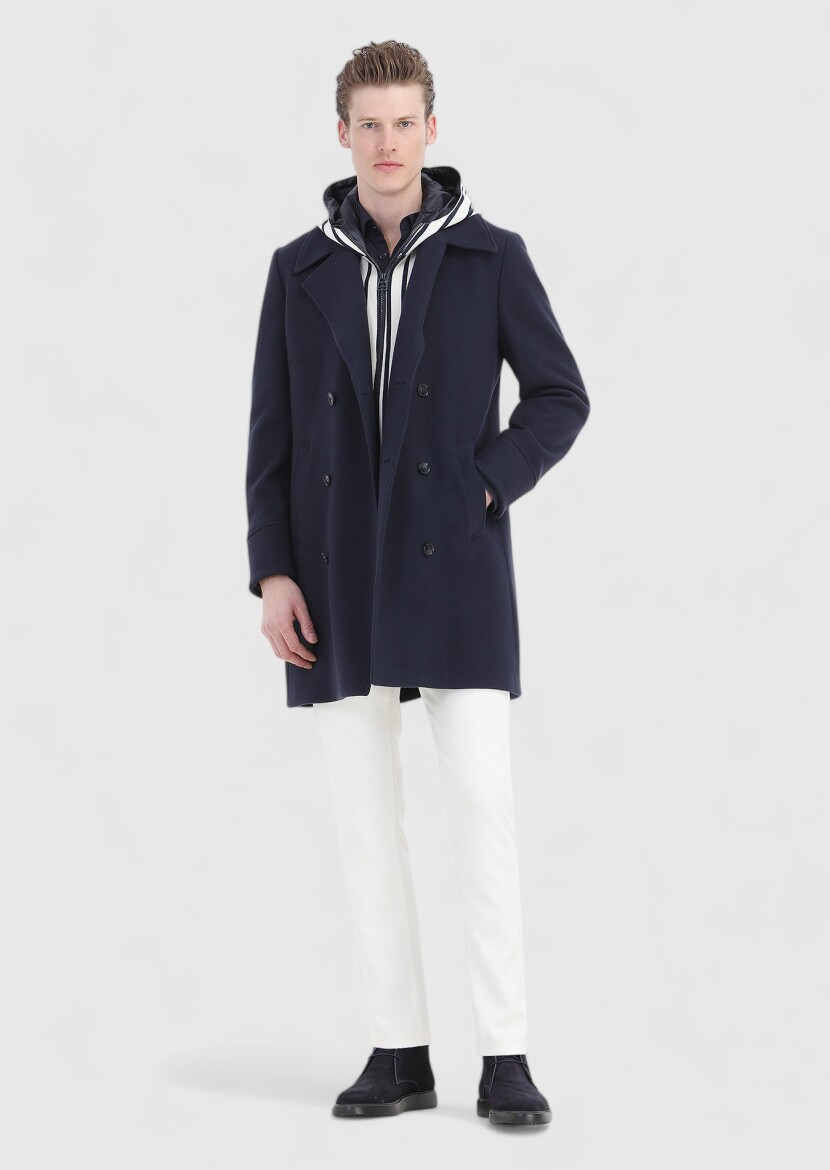 Navy Blue Regular Fit Double Breasted Collar Casual Knitting Overcoat - 3