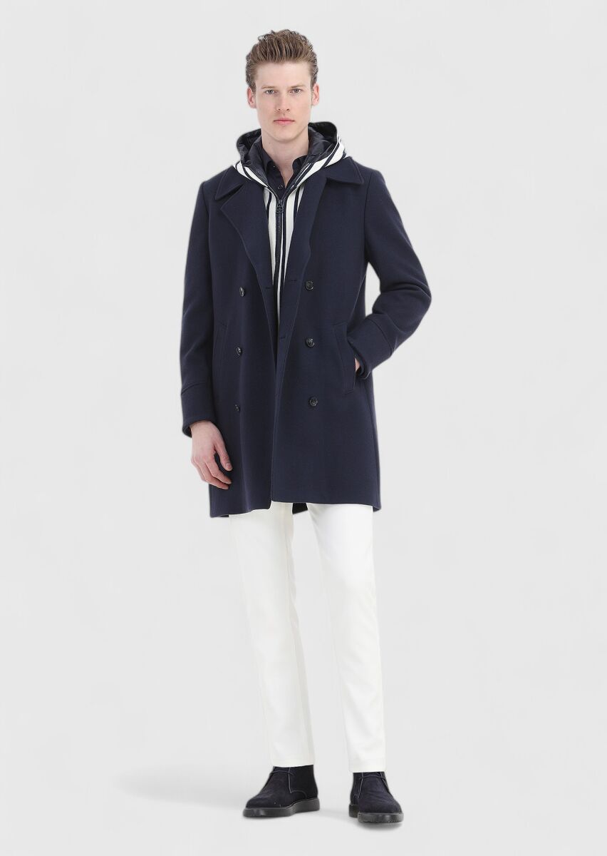 Navy Blue Regular Fit Double Breasted Collar Casual Knitting Overcoat - 3