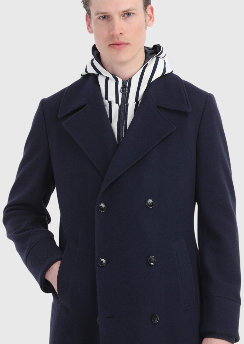 Navy Blue Regular Fit Double Breasted Collar Casual Knitting Overcoat - 4