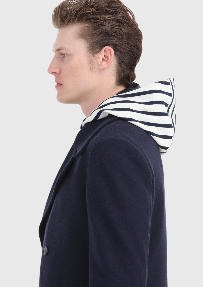 Navy Blue Regular Fit Double Breasted Collar Casual Knitting Overcoat - 5