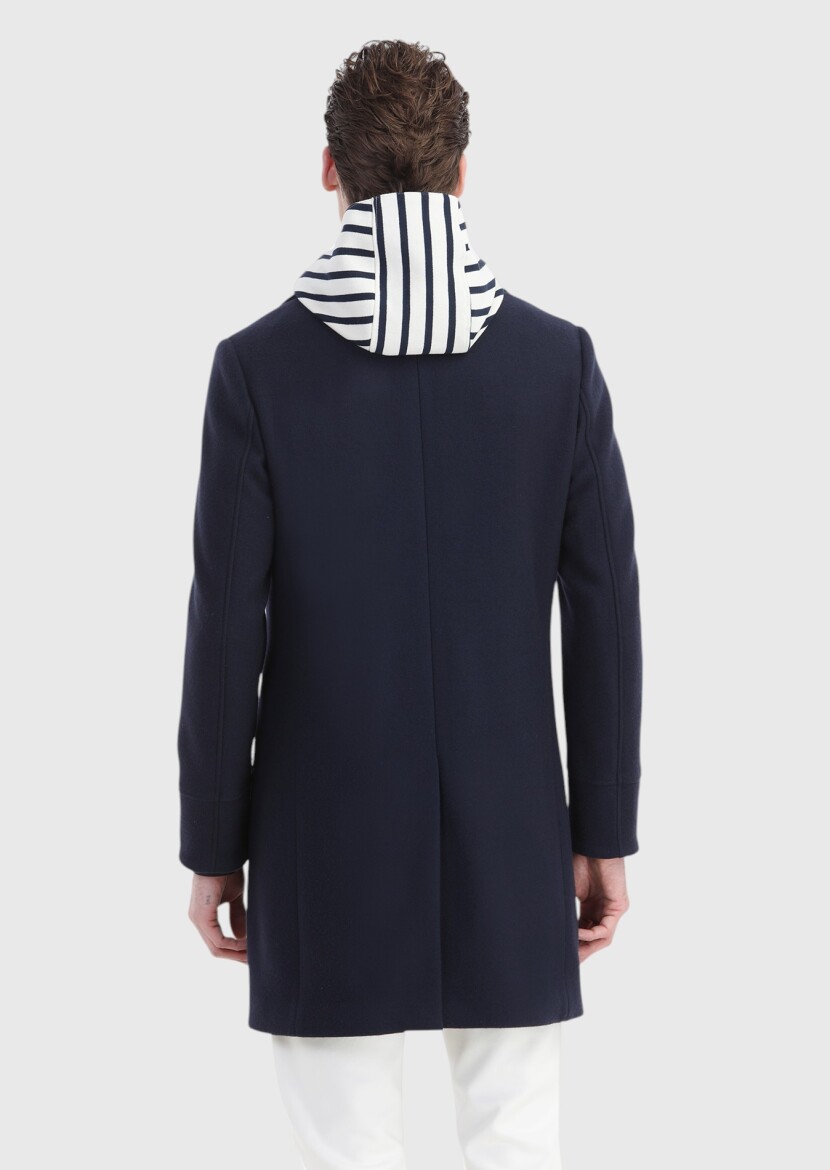 Navy Blue Regular Fit Double Breasted Collar Casual Knitting Overcoat - 6