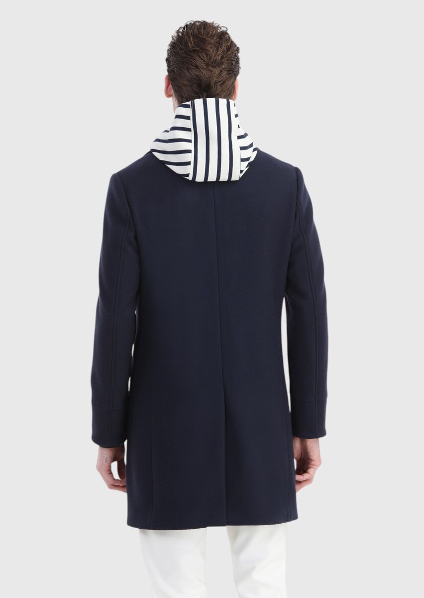 Navy Blue Regular Fit Double Breasted Collar Casual Knitting Overcoat - 6