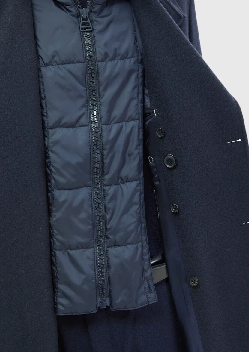Navy Blue Regular Fit Double Breasted Collar Casual Knitting Overcoat - 6