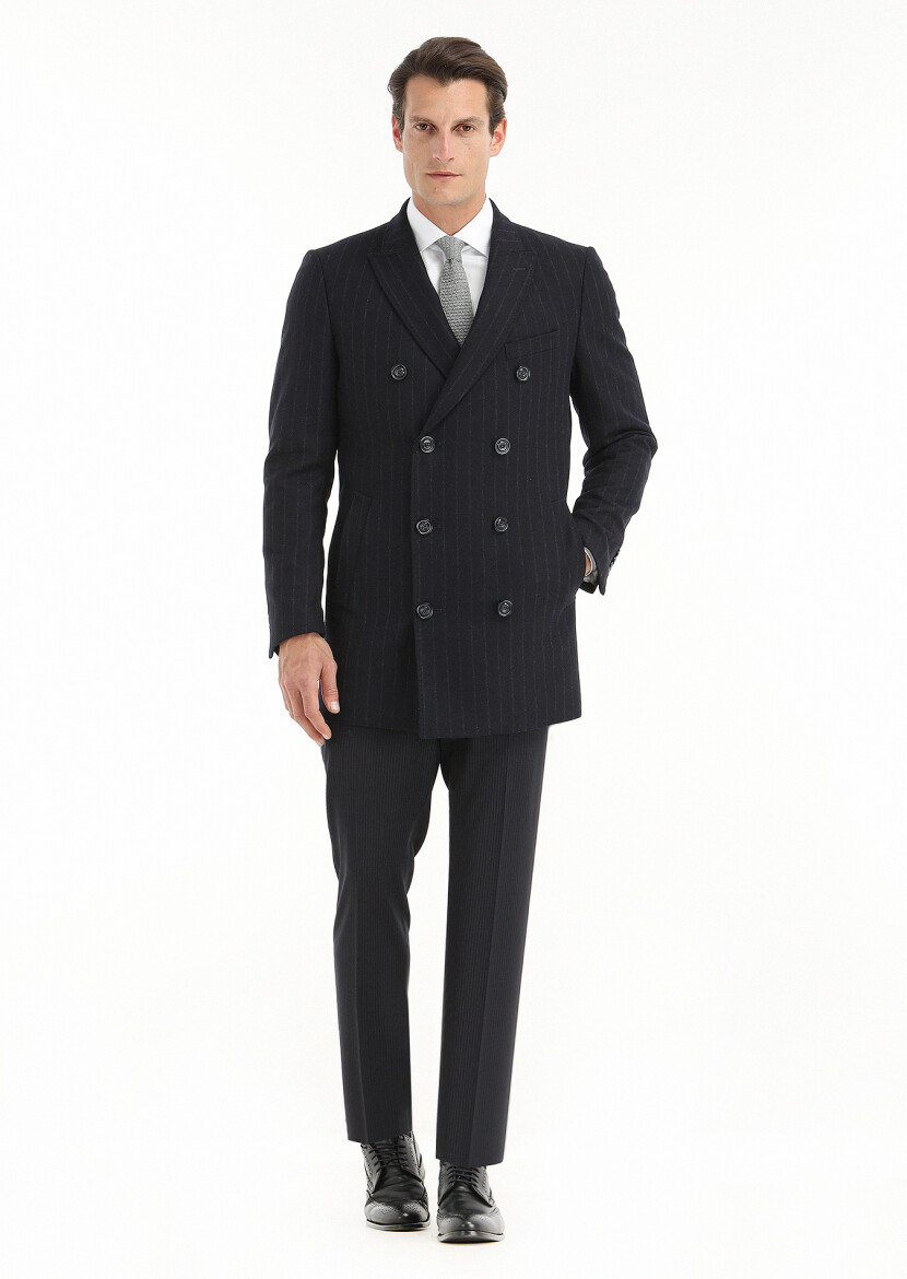 Navy Blue Regular Fit Double Breasted Collar Casual Weaving Coat 
