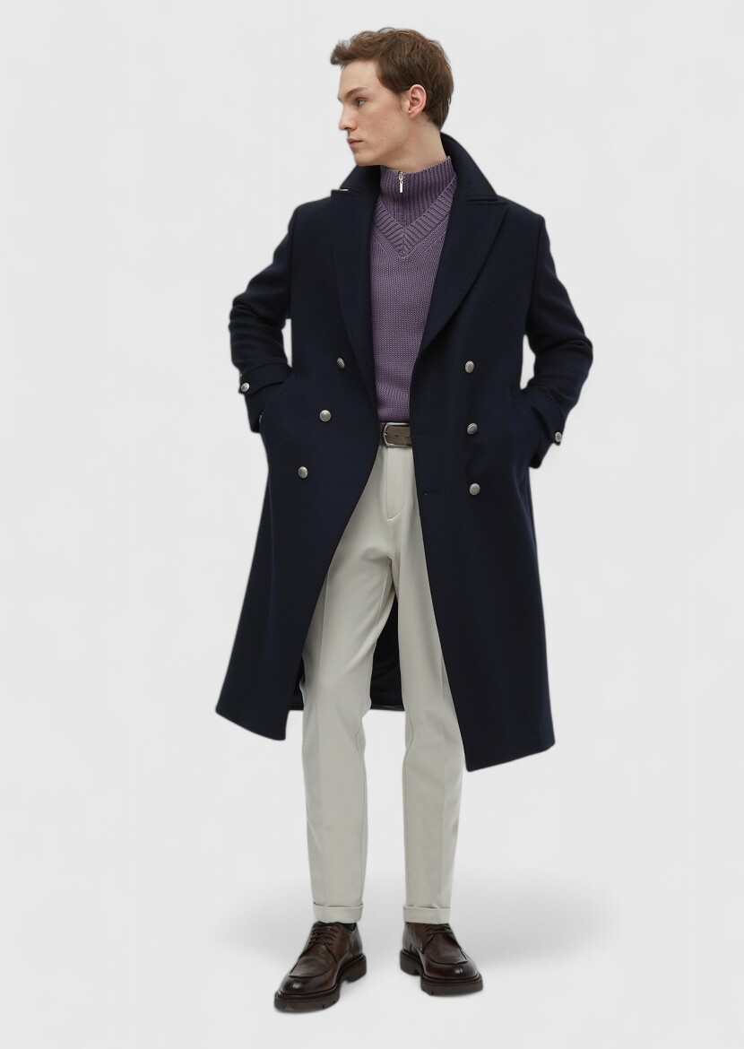 Navy Blue Regular Fit Double Breasted Collar Casual Weaving Overcoat - 2