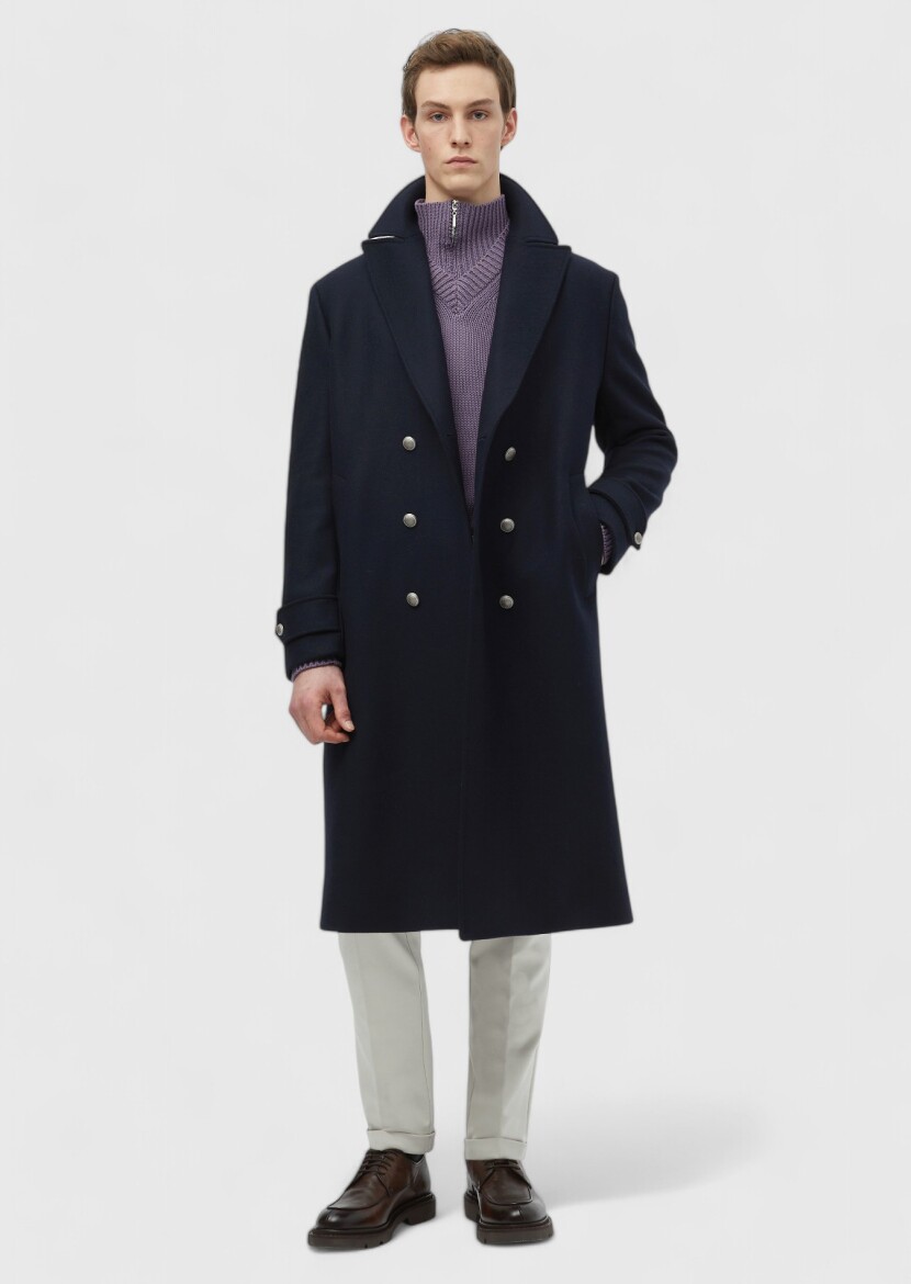 Navy Blue Regular Fit Double Breasted Collar Casual Weaving Overcoat - 3