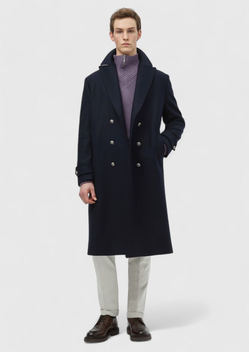 Navy Blue Regular Fit Double Breasted Collar Casual Weaving Overcoat - 3