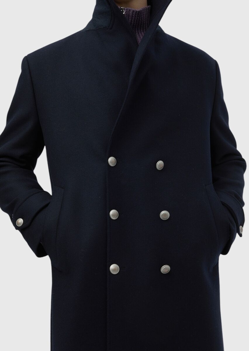 Navy Blue Regular Fit Double Breasted Collar Casual Weaving Overcoat - 5