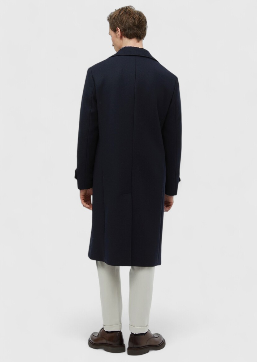 Navy Blue Regular Fit Double Breasted Collar Casual Weaving Overcoat - 6
