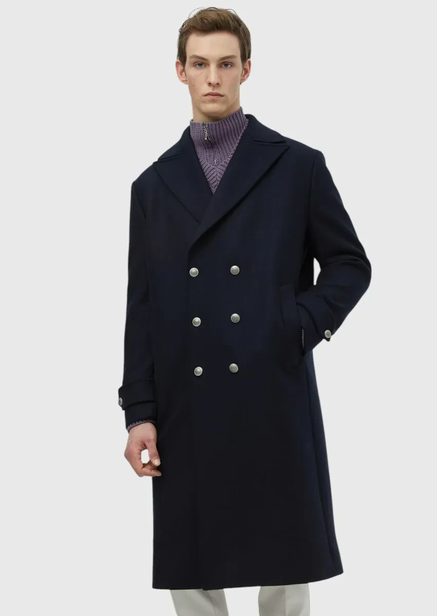 Navy Blue Regular Fit Double Breasted Collar Casual Weaving Overcoat - 1