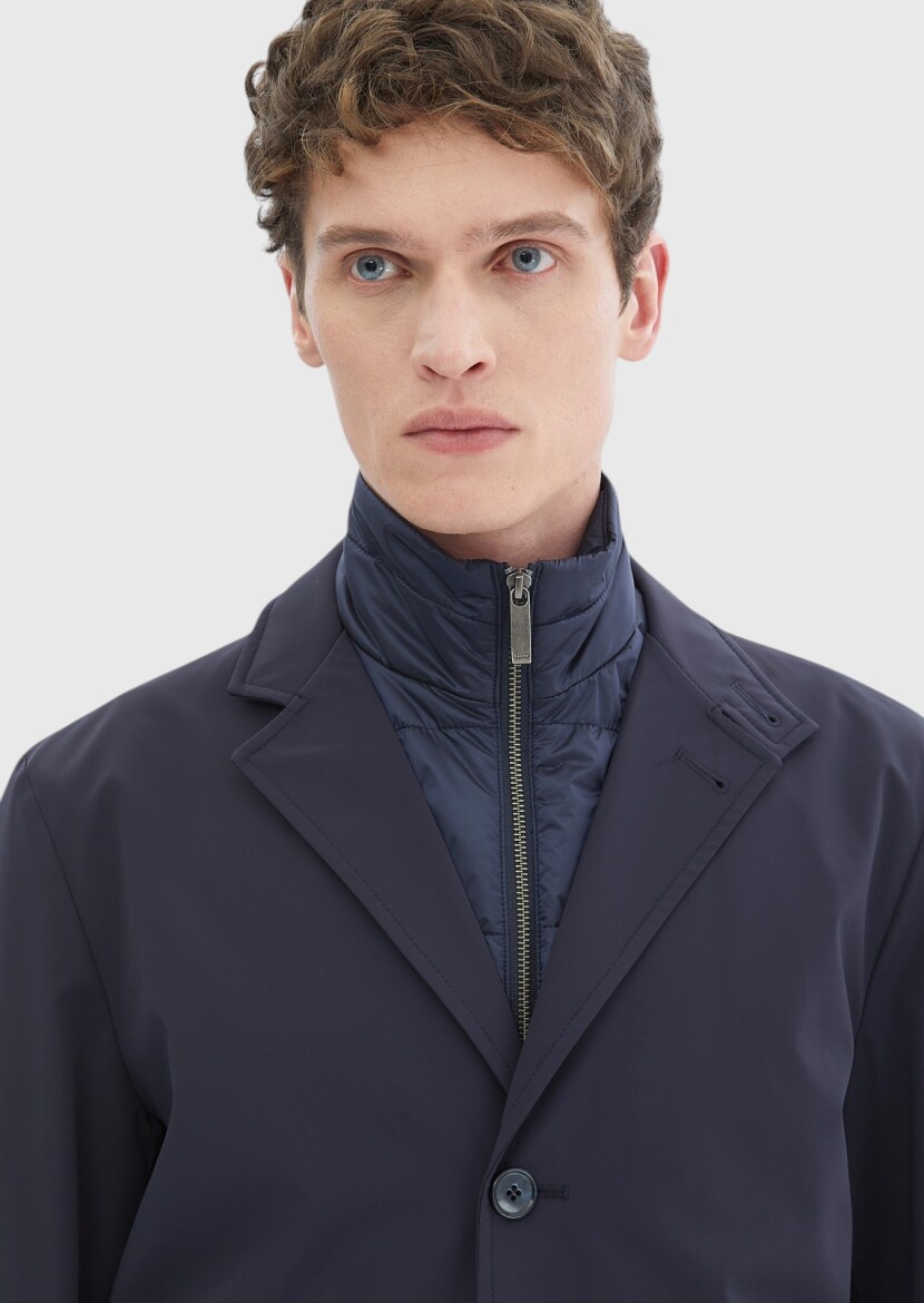 Navy Blue Regular Fit Double Breasted Collar Casual Weaving Rain Coat - 3