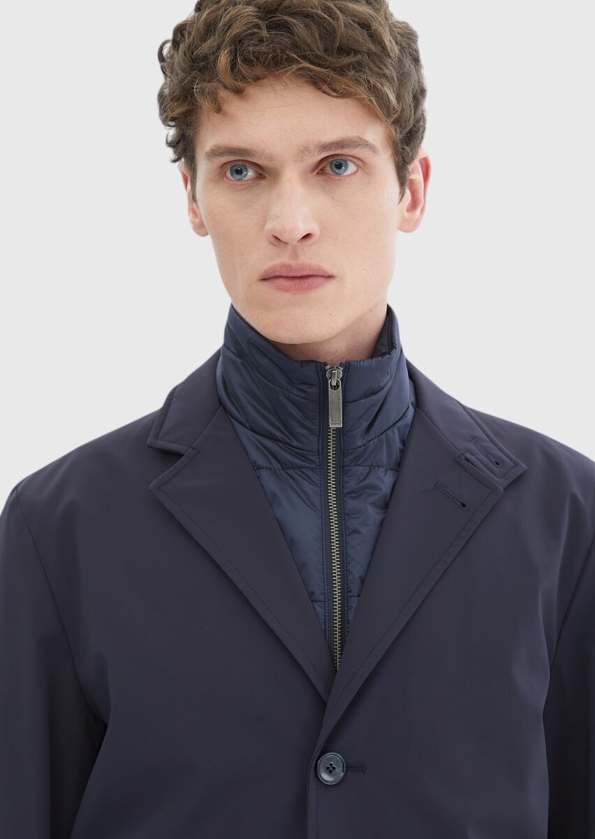 Navy Blue Regular Fit Double Breasted Collar Casual Weaving Rain Coat - 3