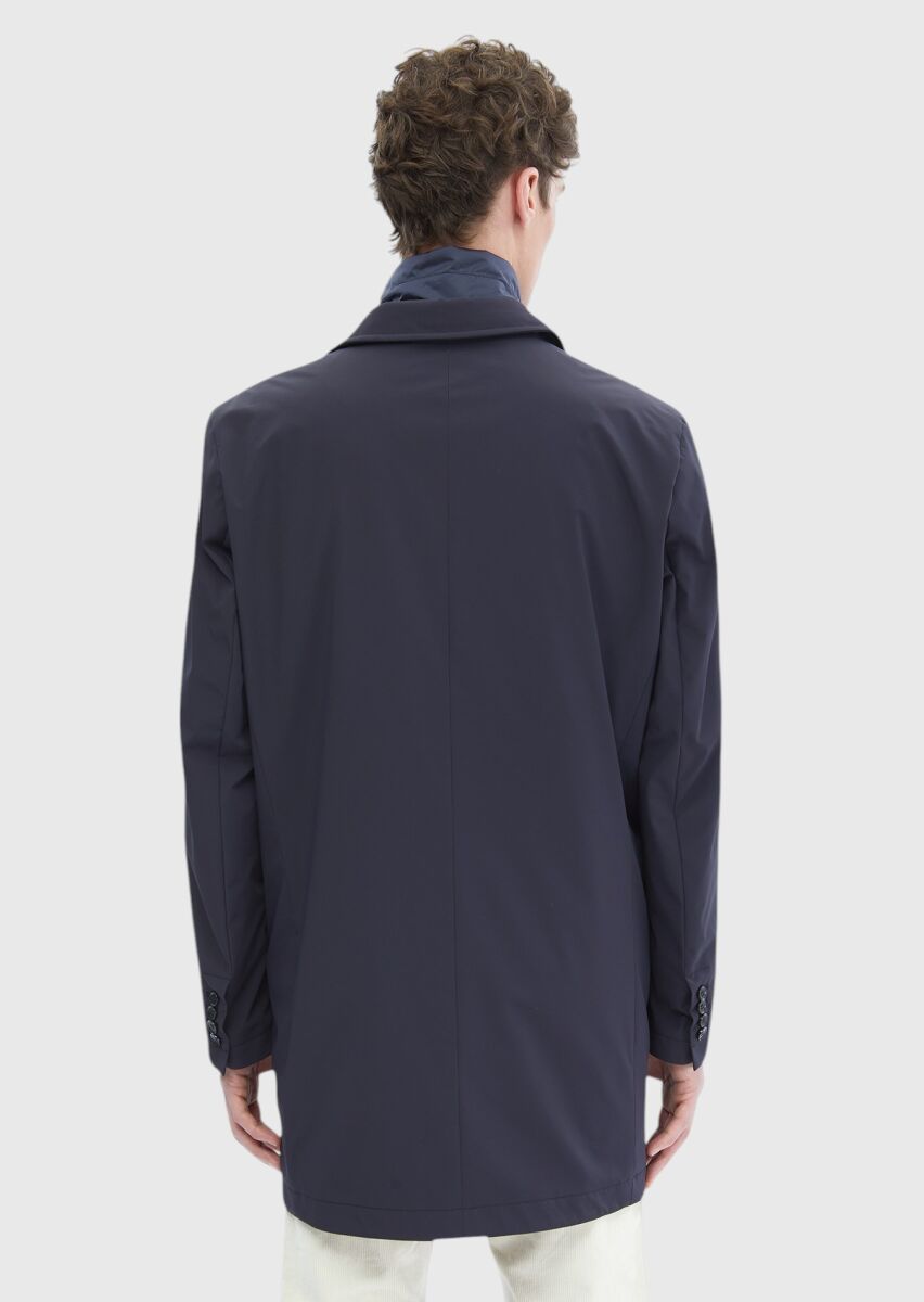 Navy Blue Regular Fit Double Breasted Collar Casual Weaving Rain Coat - 5