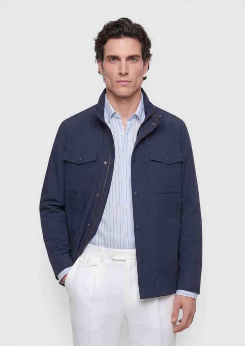 Navy Blue Regular Fit Hidden Hood Casual Technical Coat - 1