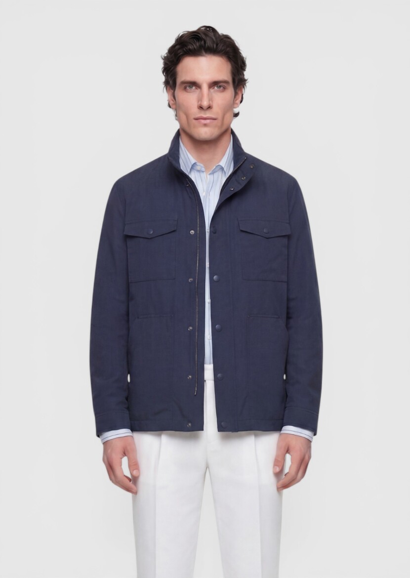 Navy Blue Regular Fit Hidden Hood Casual Technical Coat - 3