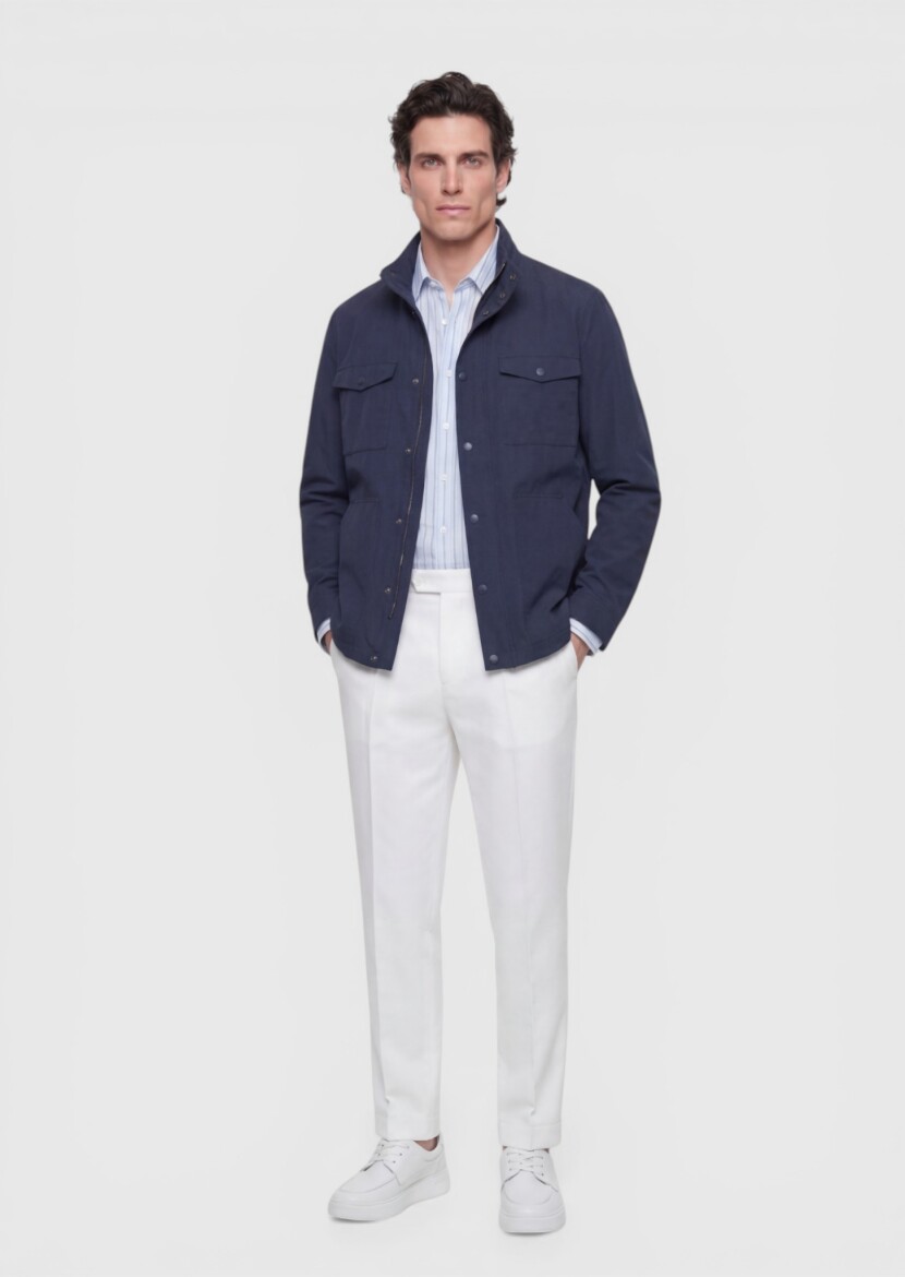 Navy Blue Regular Fit Hidden Hood Casual Technical Coat - 3