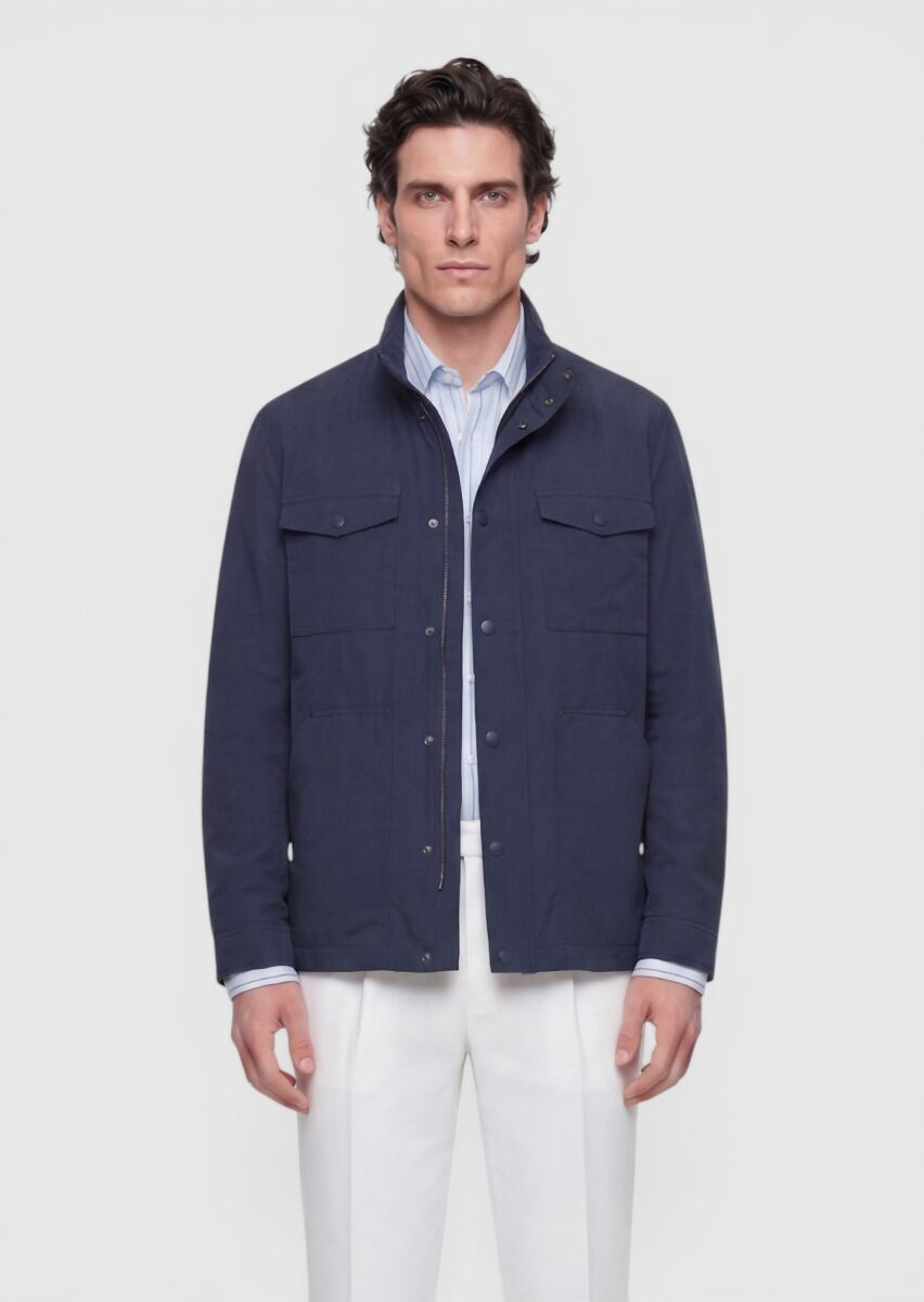 Navy Blue Regular Fit Hidden Hood Casual Technical Coat - 4