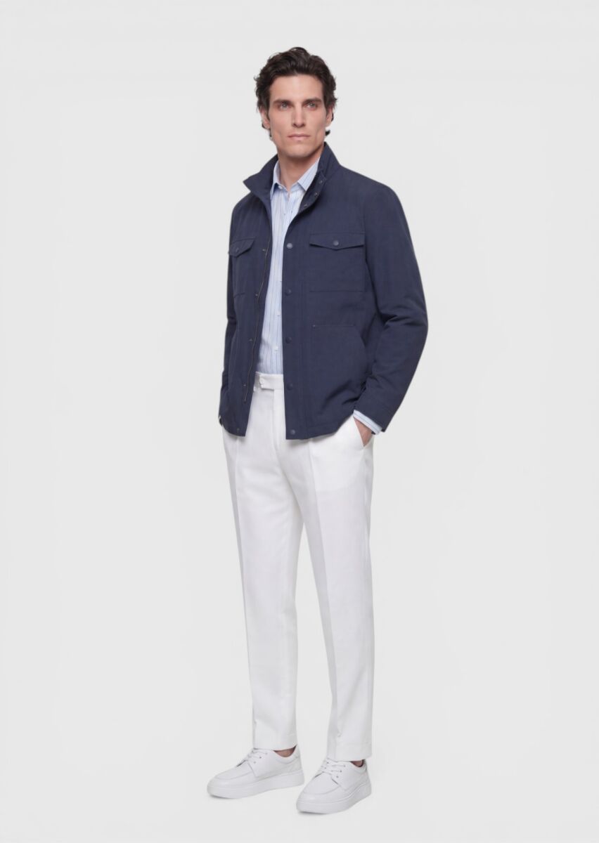 Navy Blue Regular Fit Hidden Hood Casual Technical Coat - 5
