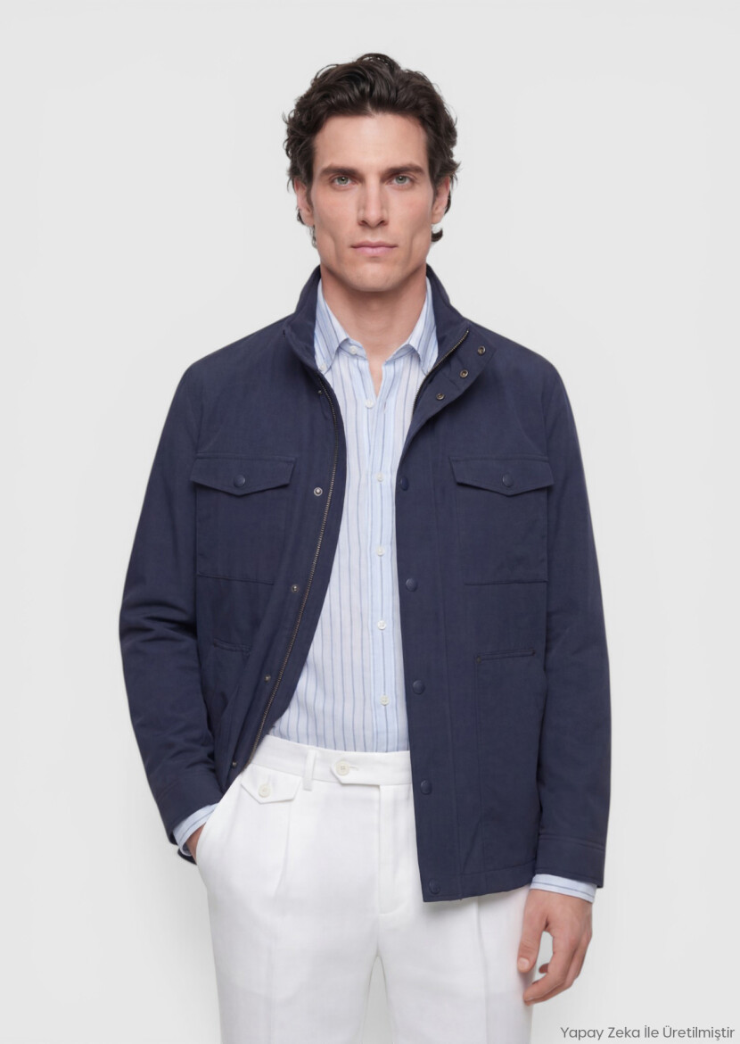 Navy Blue Regular Fit Hidden Hood Casual Technical Coat - RAMSEY