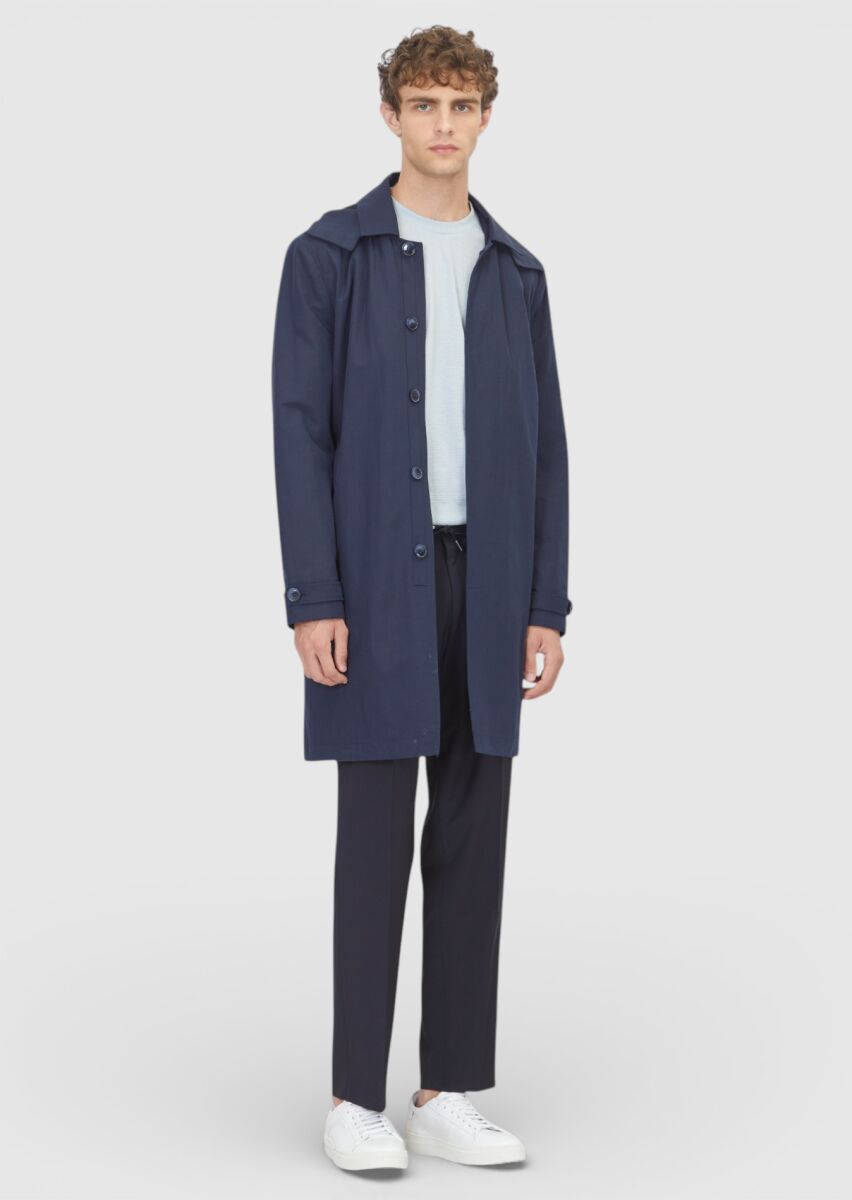 Navy Blue Regular Fit Hooded Casual Technical Rain Coat - 2