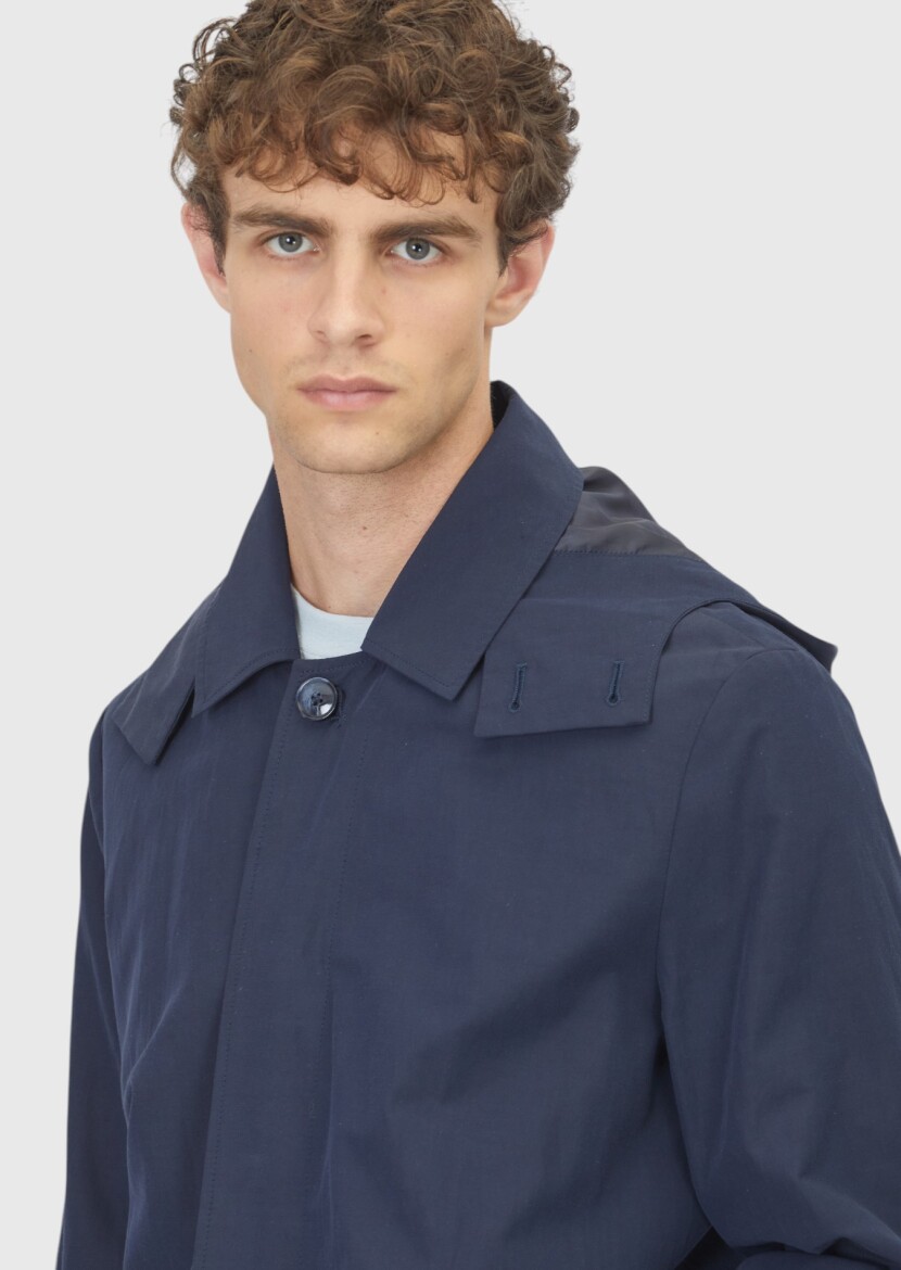 Navy Blue Regular Fit Hooded Casual Technical Rain Coat - 3