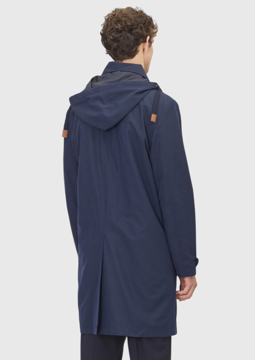 Navy Blue Regular Fit Hooded Casual Technical Rain Coat - 5