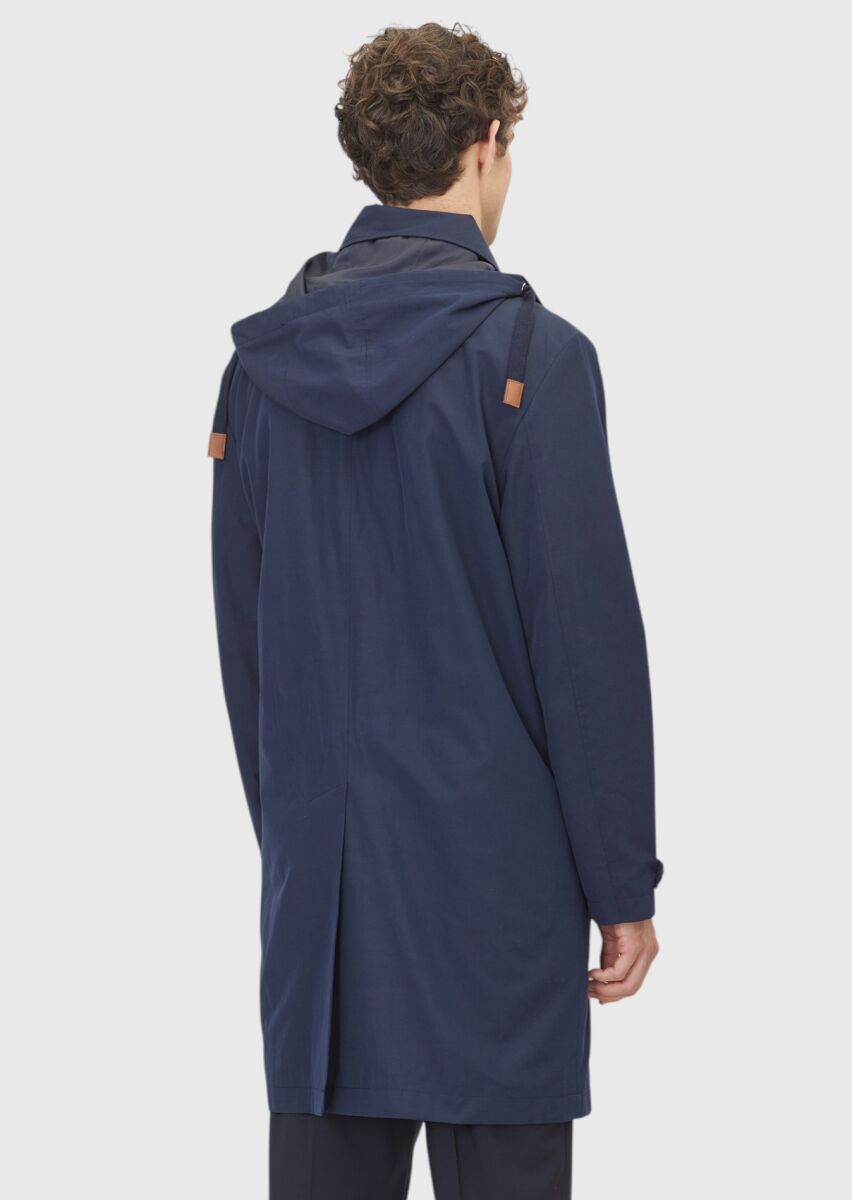 Navy Blue Regular Fit Hooded Casual Technical Rain Coat - 5