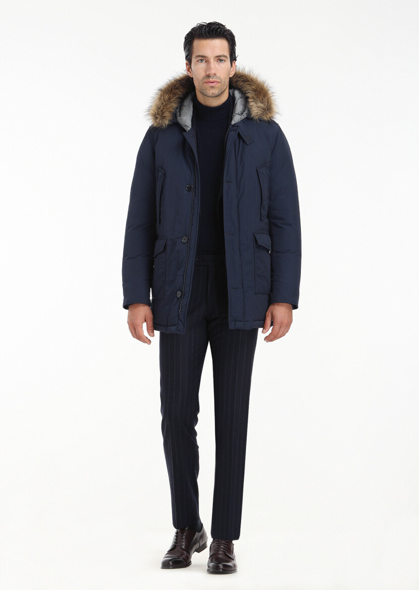 Navy Blue Regular Fit Hooded Casual Weaving Coat - 1