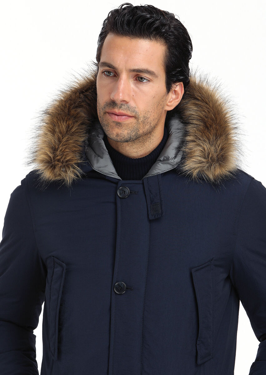 Navy Blue Regular Fit Hooded Casual Weaving Coat - 3