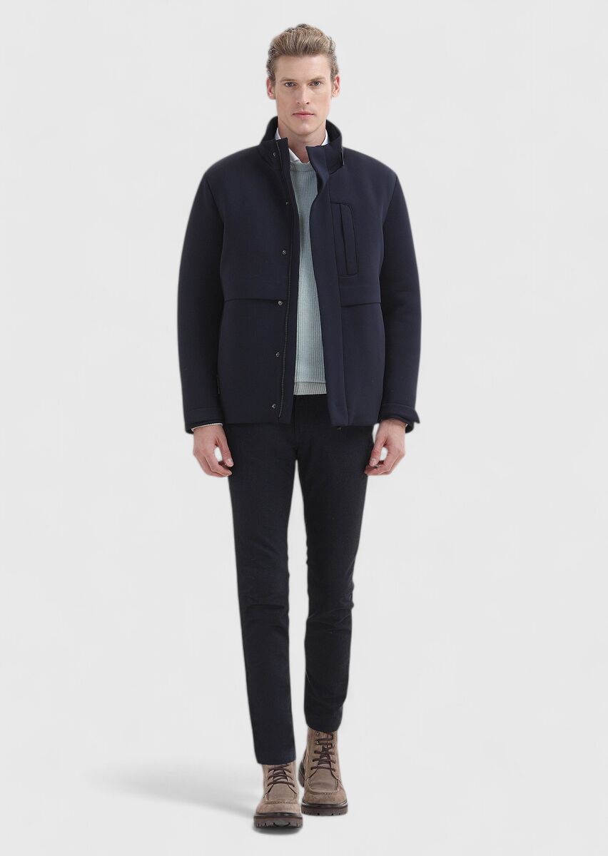 Navy Blue Regular Fit Hooded Casual Weaving Coat - 1