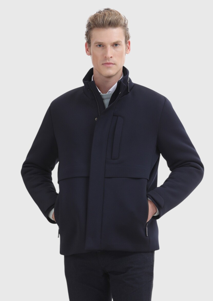 Navy Blue Regular Fit Hooded Casual Weaving Coat - 2