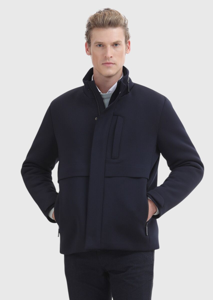 Navy Blue Regular Fit Hooded Casual Weaving Coat - 2