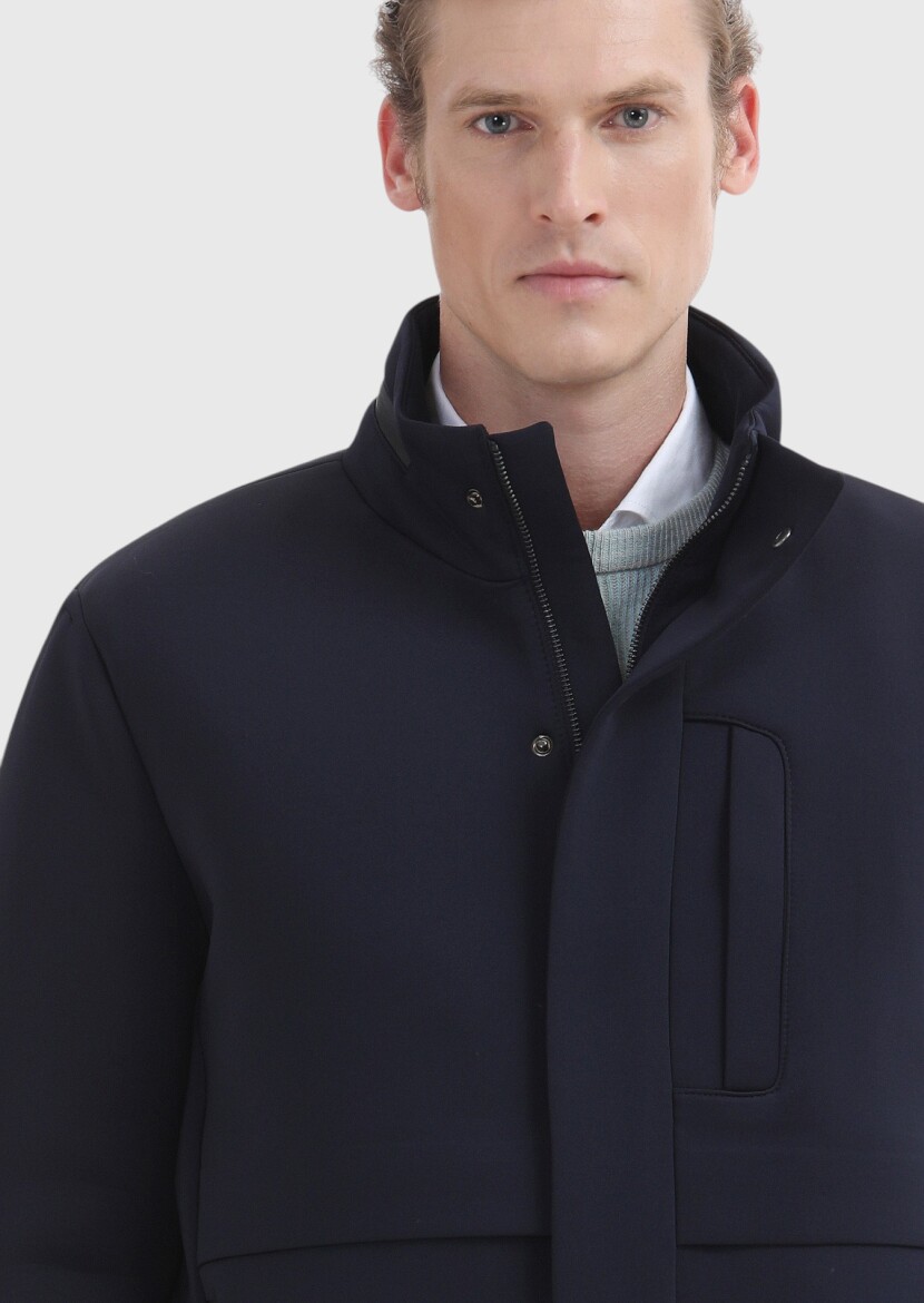 Navy Blue Regular Fit Hooded Casual Weaving Coat - 3
