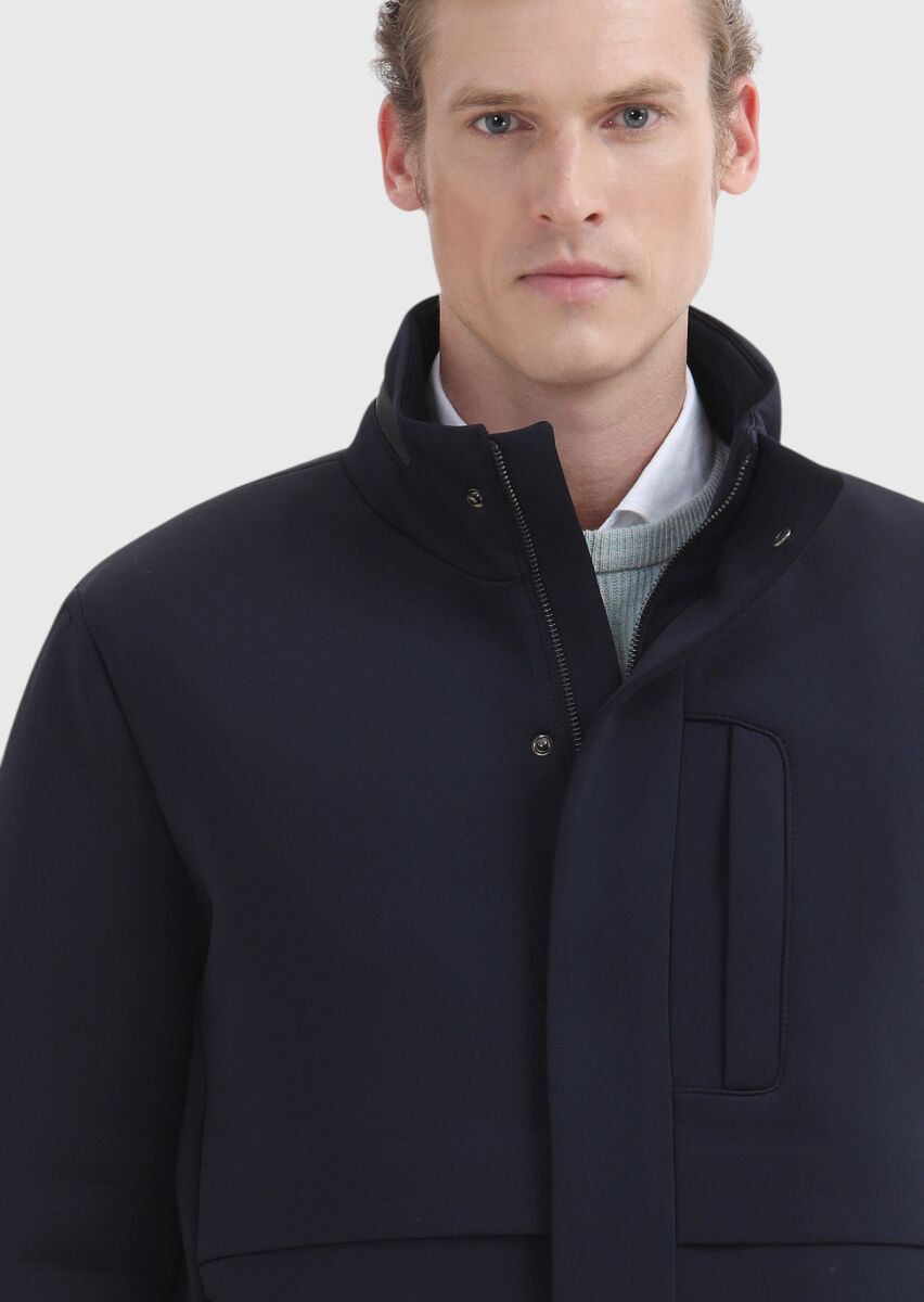 Navy Blue Regular Fit Hooded Casual Weaving Coat - 3