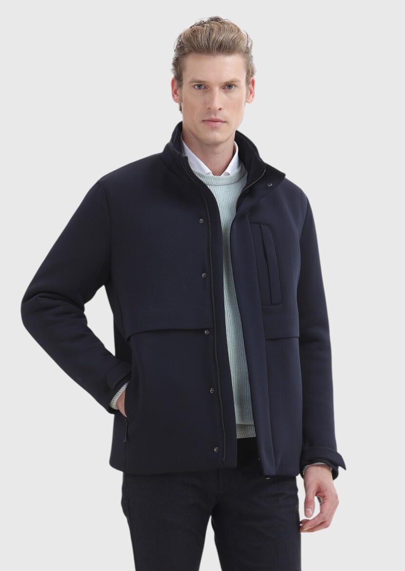 Navy Blue Regular Fit Hooded Casual Weaving Coat - 4