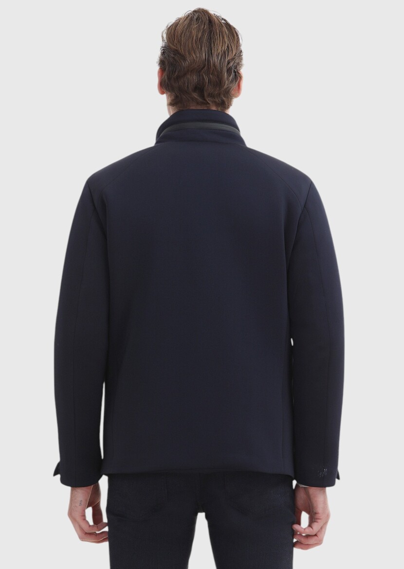 Navy Blue Regular Fit Hooded Casual Weaving Coat - 5