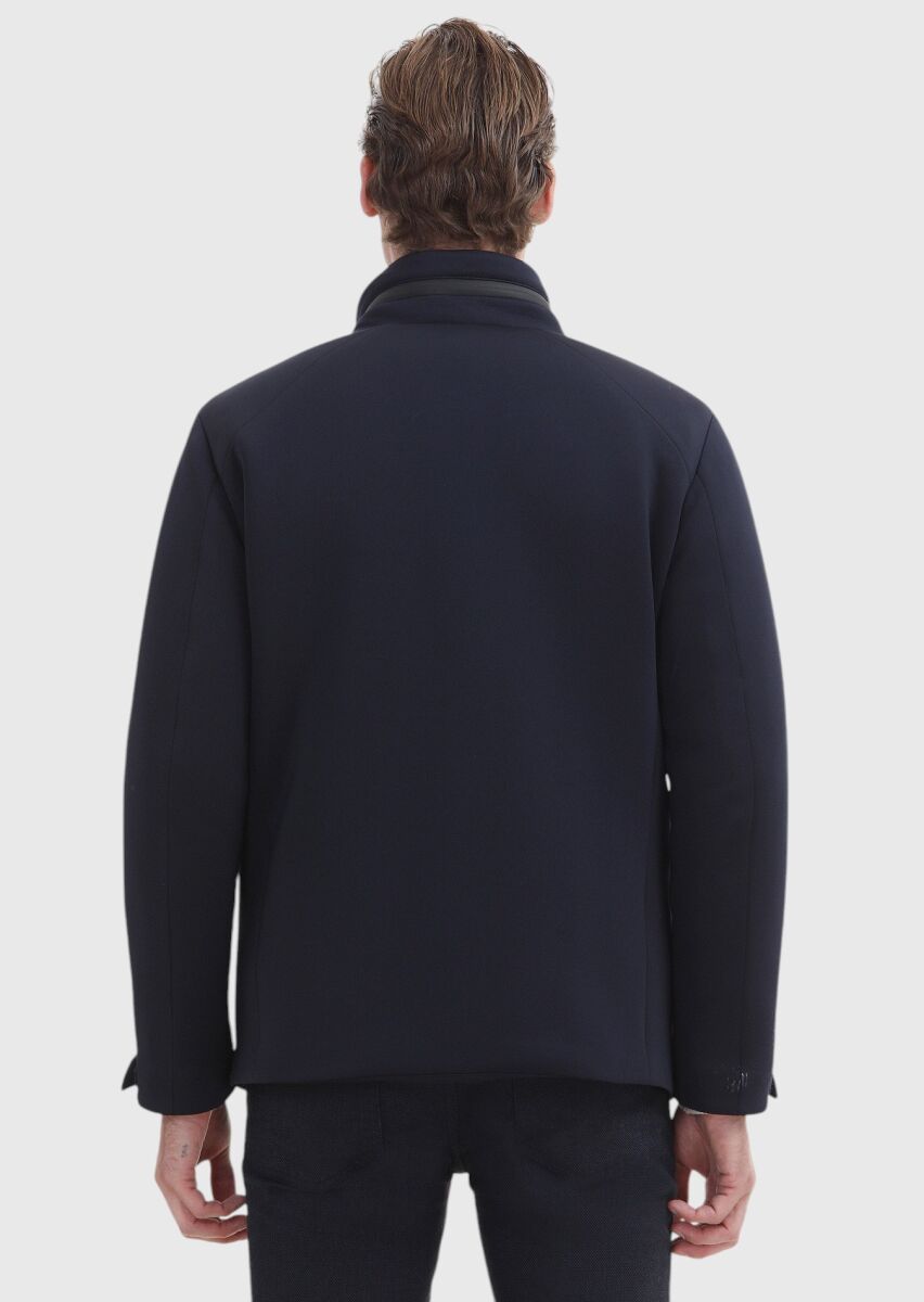 Navy Blue Regular Fit Hooded Casual Weaving Coat - 5