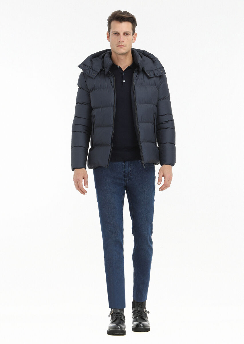 Navy Blue Regular Fit Hooded Casual Weaving Coat - 1