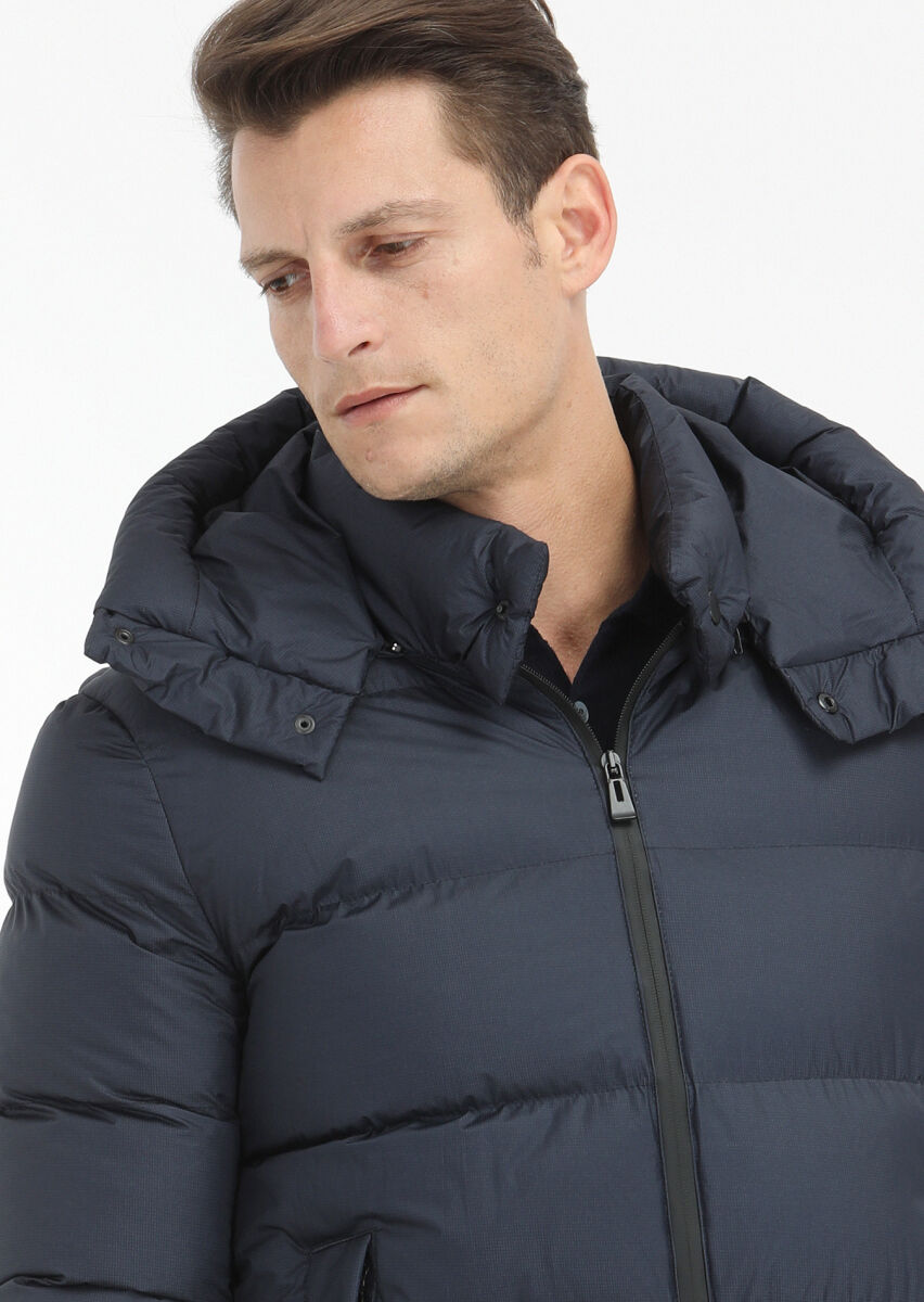 Navy Blue Regular Fit Hooded Casual Weaving Coat - 3
