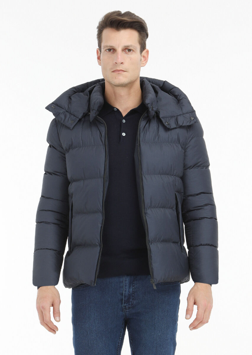 Navy Blue Regular Fit Hooded Casual Weaving Coat - 4